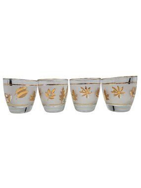 Vintage Libbey Frosted Cocktail Old Fashioned Gold Leaf Foliage Glasses